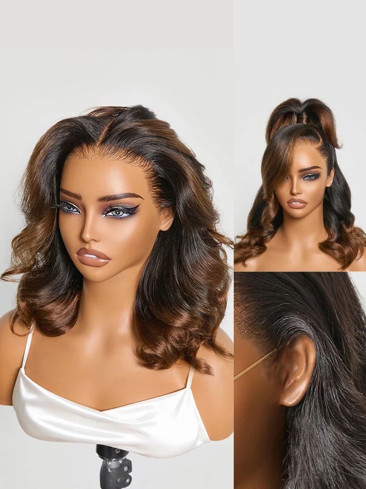 NatureMAX™ 200% Density Ombre Brown / Natural Black Loose Wave Glueless 13x6 HD Lace Front Shoulder Length Wig Pre-Cut Lace Flexi-Fit Drawstring Cap